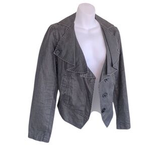 CABI linen jacket, dark grey, ruffle collar, big snaps, pockets. Fun! S